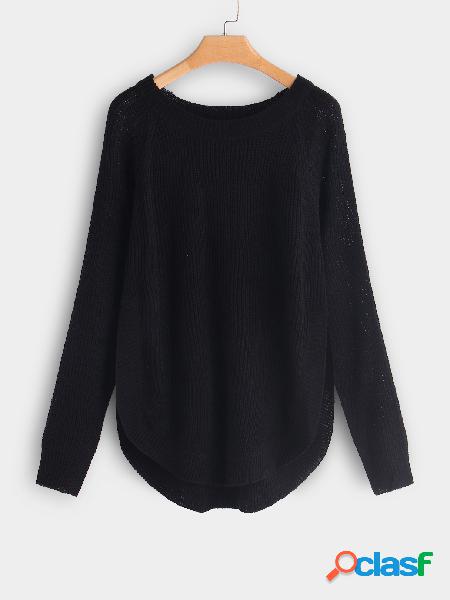 Black Slit Design Plain Curve Hem Crew Neck Long Sleeves