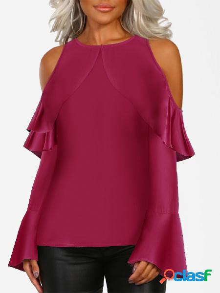 Burgundy Cold Shoulder Long Bell Sleeves Flouncy Blouse