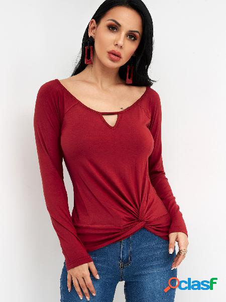 Burgundy Knotted Front Design Plain Scoop Neck Long Sleeves