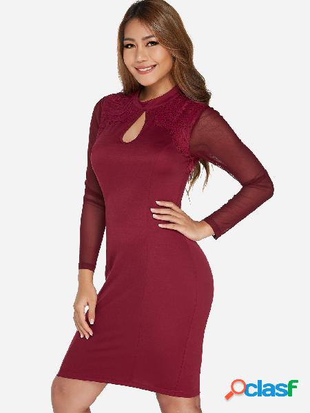 Burgundy Mesh Design Trim Embellished Long Sleeves Mini