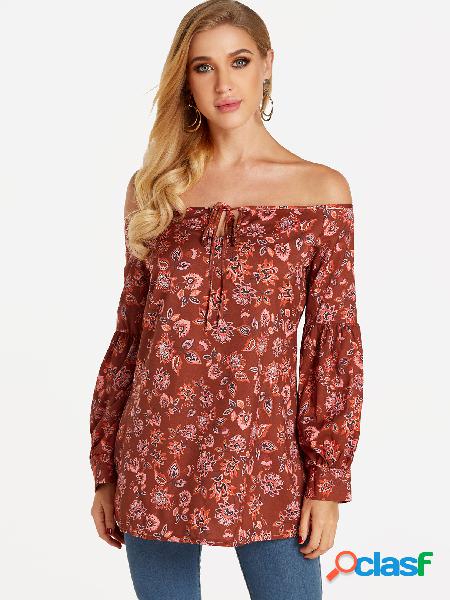 Burgundy Self-tie Design Floral Print Off The Shoulder Long