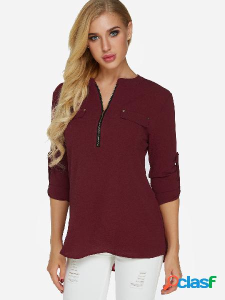 Burgundy Zip Design V-neck Adjustable Length Sleeves Curve