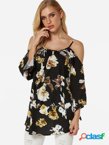Fashion Black Random Floral Print Cold Shoulder Blouse