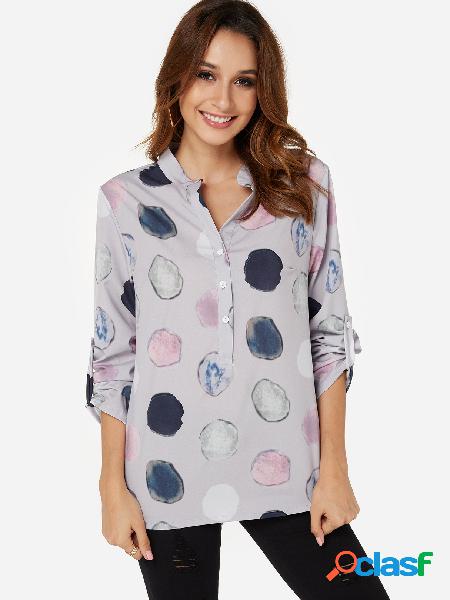 Grey Polka Dot V-neck 3/4 Length Sleeves Shirt
