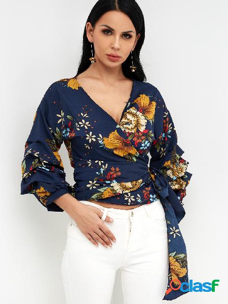 Navy Crossed Front Design Random Floral Print V-neck Ruffle