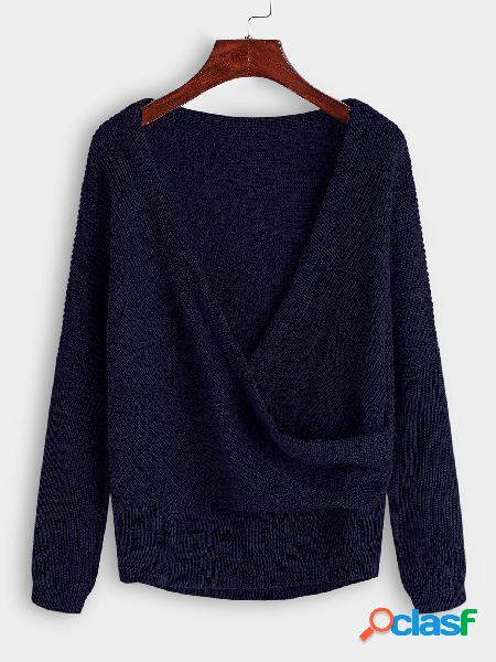 Navy Crossed Front Design V-neck Dolman Sleeve Sweater