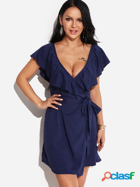 Navy V-Neck Flounced Design Self-tie Waist Mini Dress