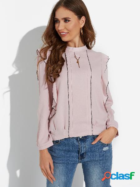 Pink Round Neck Ruched Chiffon Shirt