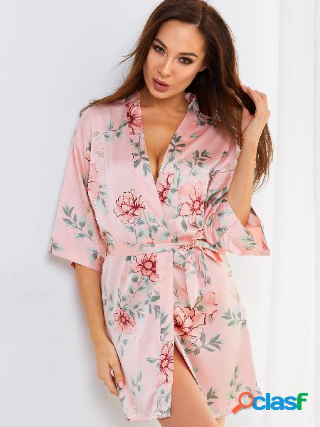 Pink Satin Random Floral Print Robe Pajamas