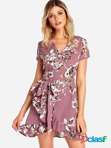 Pink Self-tie Design Random Floral Print V-neck Mini Dress