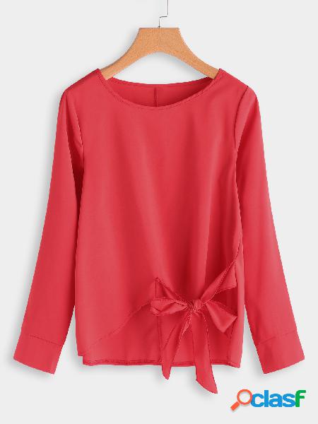 Red Plain Bowknot Design Round Neck Long Sleeves Blouses