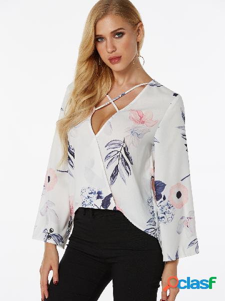 White Crossed Front Random Floral Print V-neck Blouse