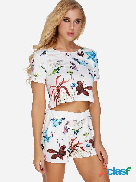 White Floral Print Round Neck Short Sleeves Elastic Strap