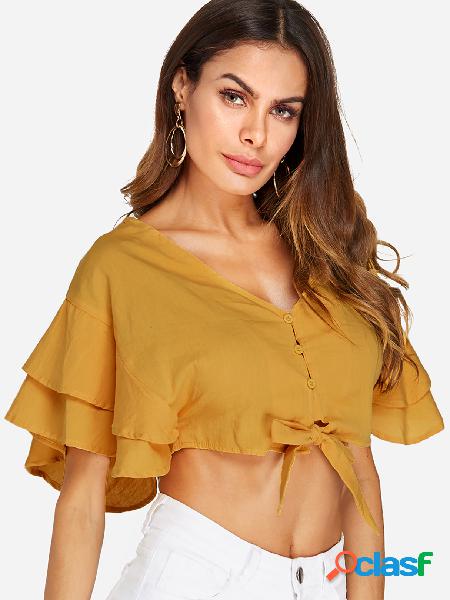 Yellow Button Design Plain V-neck Ruffle Sleeves Crop Top