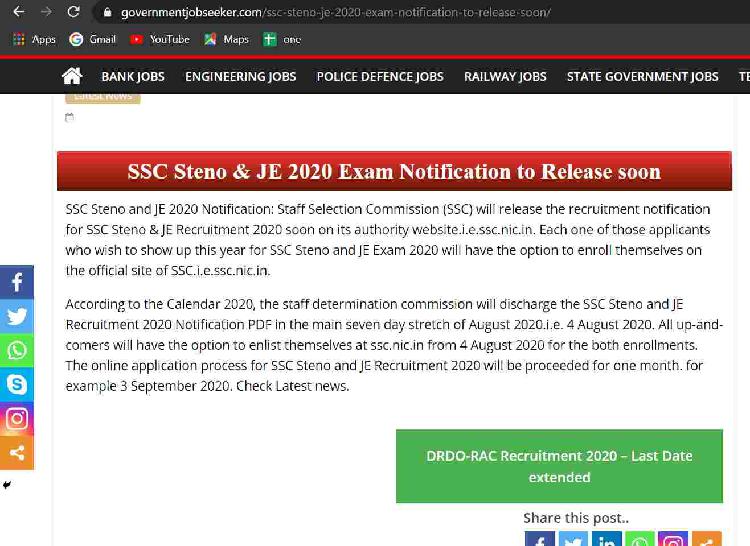 SSC Steno & JE 2020 Exam Notification to Release soon