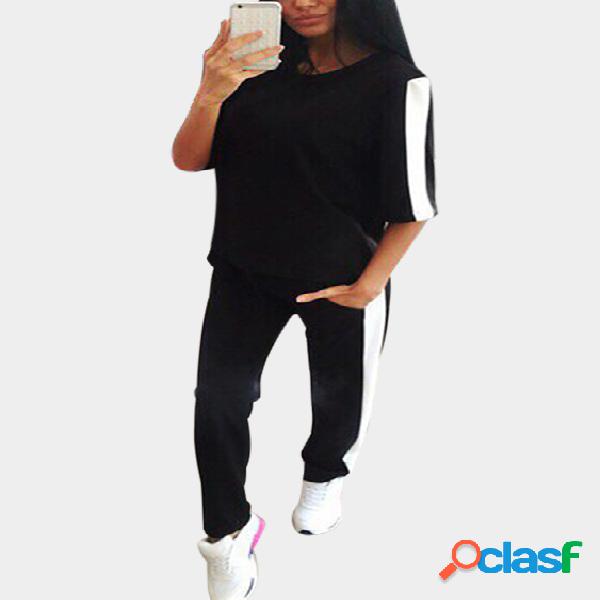 Active Contrast Color Stitching Elastic Tracksuit in Black