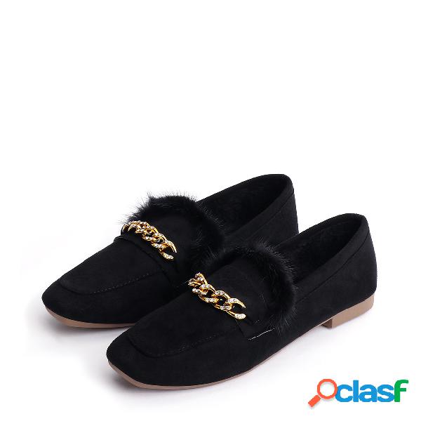 Black Chain Decoration Fur Suede Loafers