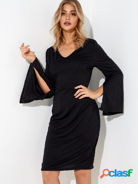 Black Plain V-neck Slit Design Bell Sleeves Party Dresses