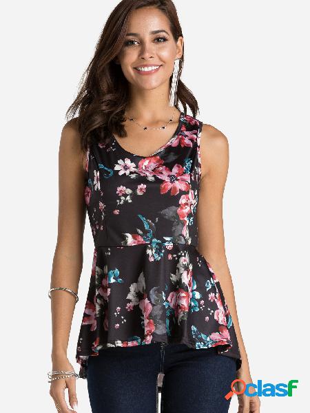 Black Random Floral Print Round Neck Sleeveless Tank Top