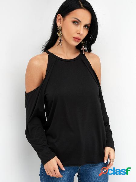 Black Round Neck Cold Shoulder Long Sleeves T-shirt