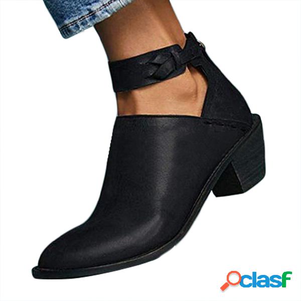 Black Vintage Chunky Heel Boots Cutout Ankle Strap Boots