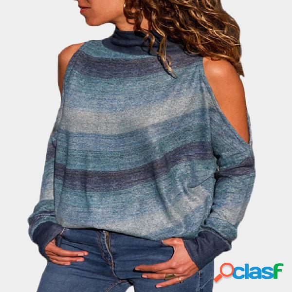 Blue Stripe Cold Shoulder Long Sleeves Turtleneck Tee
