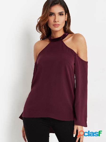 Burgundy Cut Out Plain Cold Shoulder Design Long Bell