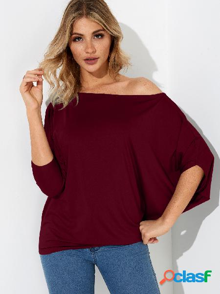 Burgundy Pleated Design One Shoulder Long Sleeves T-shirt