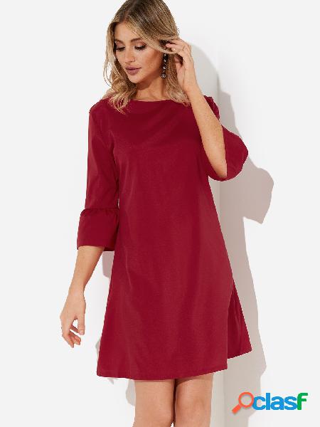 Burgundy Round Neck 3/4 Length Sleeves Mini Dress