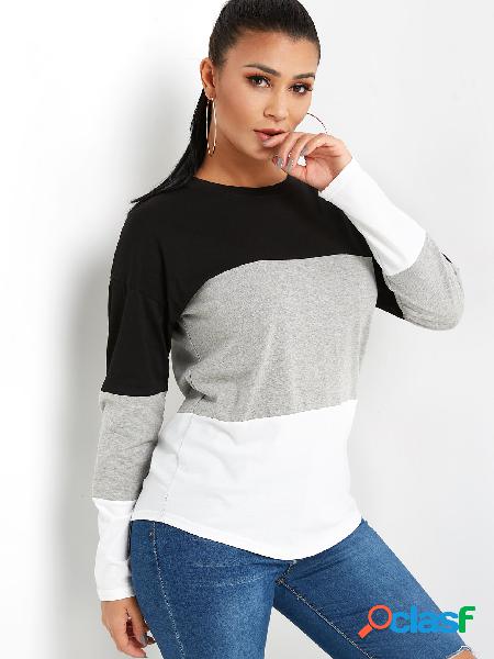 Color Block Round Neck Long Sleeves T-shirt