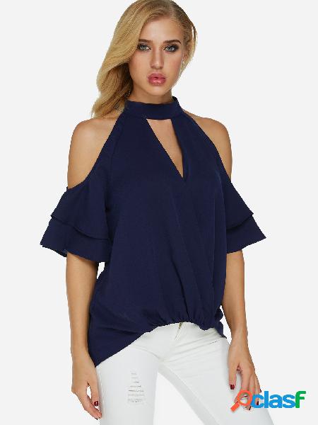 Dark Blue Cold Shoulder Cross Front Tee