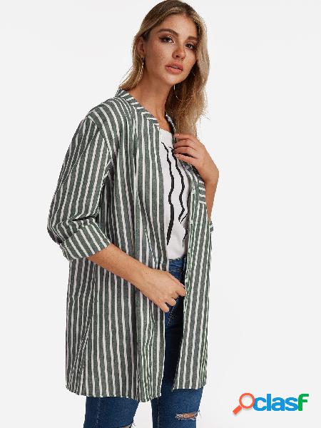 Green Stripe Patch Pockets Single Breasted Design Long