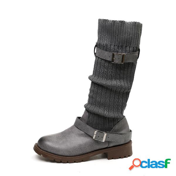 Grey Buckle Detail Mid-Calf Knitted Boots