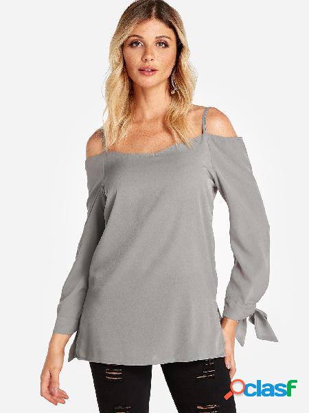 Grey Self-tie Design Cold Shoulder Long Sleeves Blouse