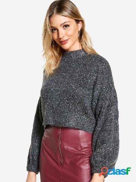 Grey Sequins Embellished Perkins Collar Lantern Sleeves Crop