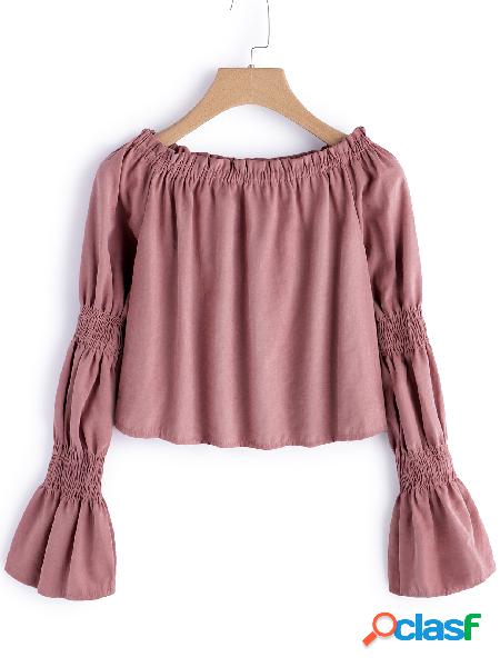 Light Brown Pleated Design Plain Bateau Bell Sleeves Crop