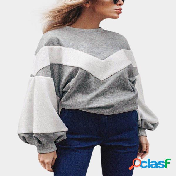 Light Grey Color Block Pullover Lantern Sleeves Sweatshirt