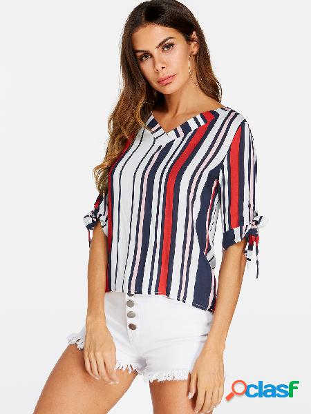 Multi Stripe Tie-up Cuffs Design V-neck Blouses