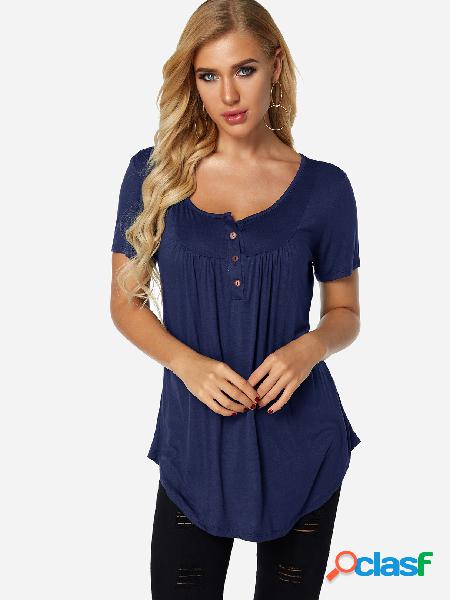 Navy Button Design Pleated Details Round Neck Short Sleeves