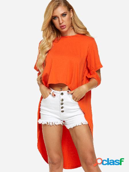 Orange Short Sleeves High-low Hem Tee