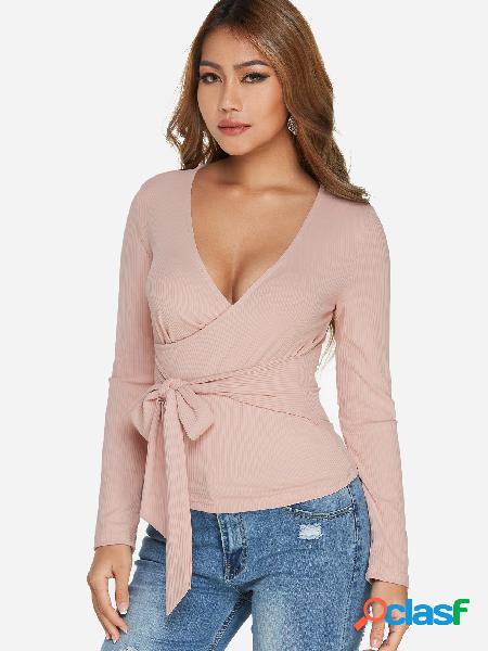 Pink Self-tie Design Deep V Neck Long Sleeves Top