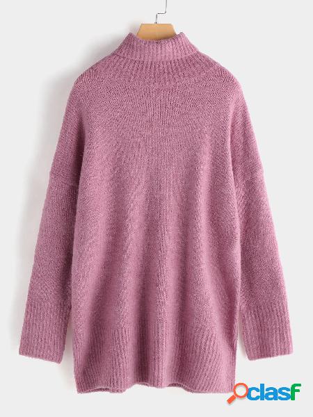 Pink Slit Design Roll Neck Long Sleeves Knitted Sweater