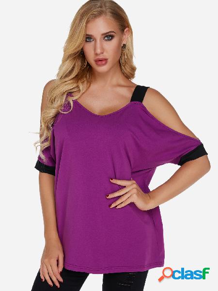 Purple Cold Shoulder Half Sleeves T-shirt