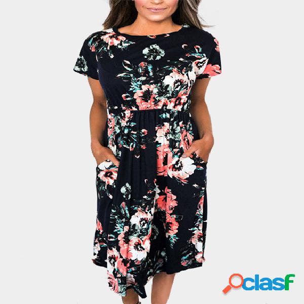 Random Floral Print Short Sleeves Stretch Waistband Dress in