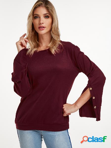 Red Button Design Slit Details Crew Neck Long Sleeves