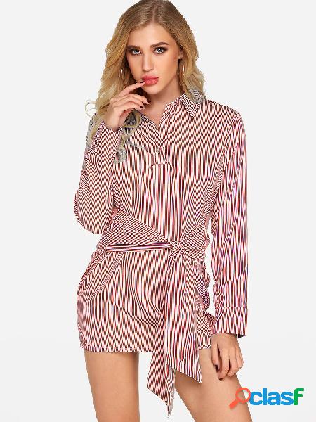 Red Self-tie Design Stripe Lapel Collar Long Sleeves Dresses