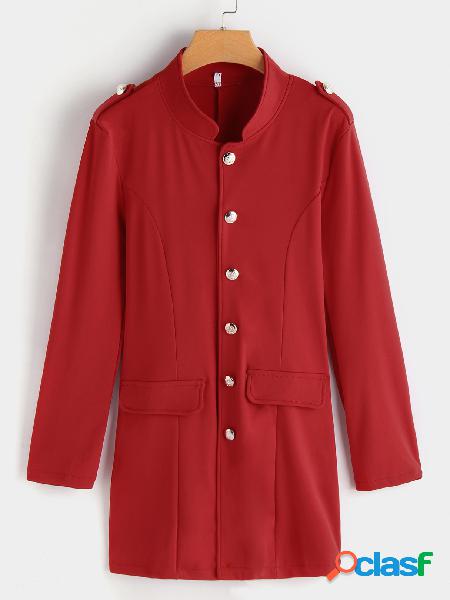 Red Single Breasted Design Stand Collar Coat With Patch