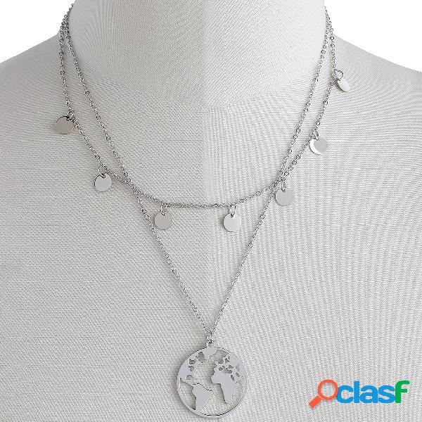 Silver Earth & Disc Layered Chain Necklace