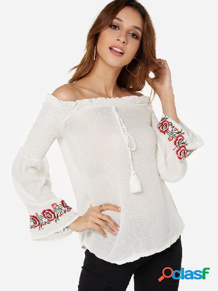 White Embroidered Off The Shoulder Long Sleeves Blouse
