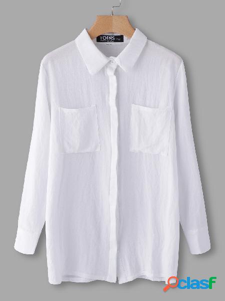 White Lapel Collar Two Large Pocket Button Design Top